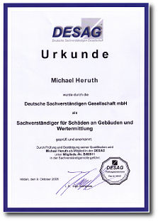 HERUTH_DESAG Urkunde Michael Heruth als Sachverständiger für Schäden an Gebäuden und Wertermittlung