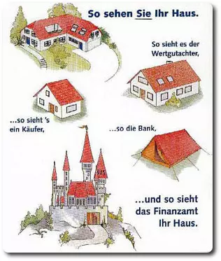 Wertgutachten von HERUTH Immobilien Gutachten - So sehen Sie ihr Haus (Villa) - so sieht es ein Köufer (eine Hütte) - so ein Wertgutachter (so wie es ist) - so die Bank (Zelt) - so das Finanzamt (Schloß) Wertgutachten von HERUTH Immobilien Gutachten - So sehen Sie ihr Haus (Villa) - so sieht es ein Köufer (eine Hütte) - so ein Wertgutachter (so wie es ist) - so die Bank (Zelt) - so das Finanzamt (Schloß)